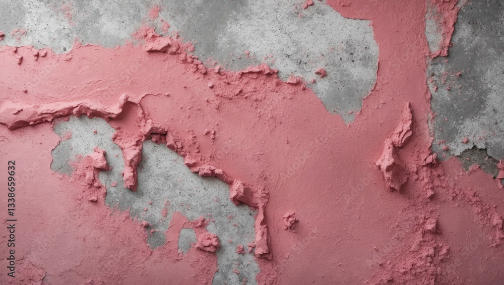 Poster textured plaster stain on a rough pink cement wall with gray concrete patches creating an abstract d