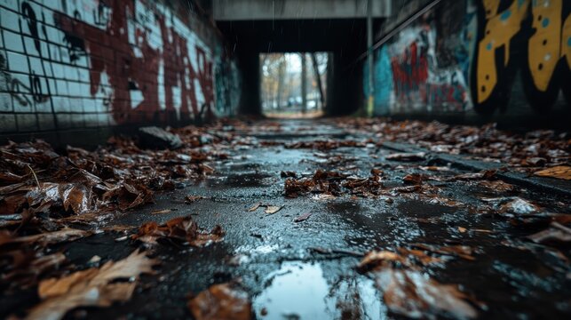 This image captures a vibrant, abandoned tunnel filled with wet leaves and graffiti, highlighting urban decay and nature's resilience in the city environment.