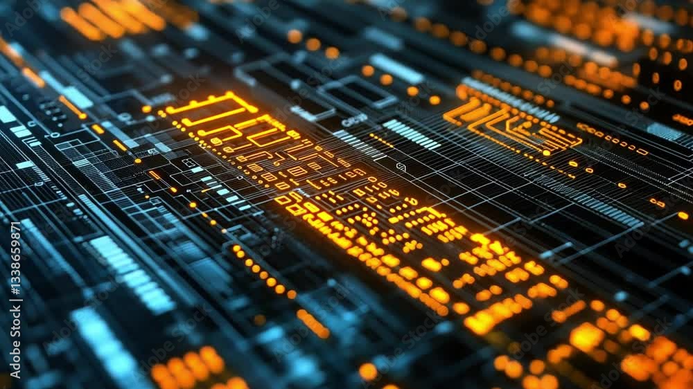 Poster digital circuit technology abstract innovations in electronics with blue and orange data networks fo