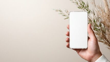 An artistic image of a hand holding a phone beside dried plants, representing the juxtaposition of technology and nature, while conveying themes of growth and decay.