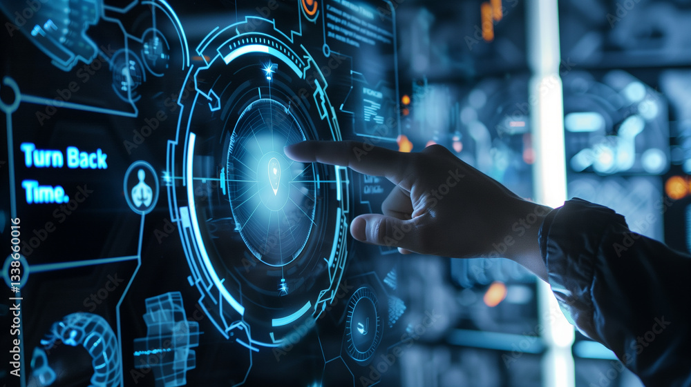 Poster This hand interacts with a futuristic interface displaying genetic data and bioengineering concepts. Turn back time