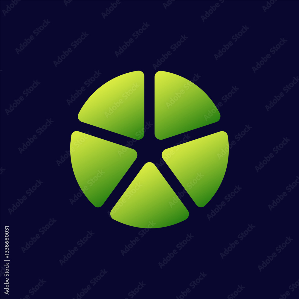 Poster a green circular logo with five distinct segments forming a stylish symmetrical pattern.