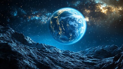 Huge Earth View from Another Inhabited Planet, Beautiful Planetary Landscape