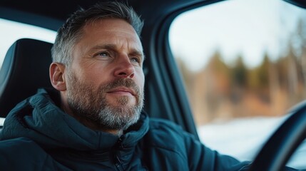 A pensive man gazes thoughtfully outside a vehicle in a winter setting, capturing a moment of reflection and connection with the serene beauty of the snowy landscape.