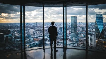 Fototapeta premium High-ranking executive contemplating the city from a modern skyscraper at sunset
