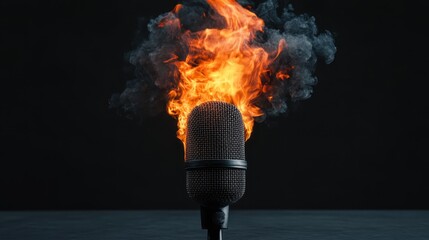 A striking image of a microphone engulfed in flames and smoke, symbolizing passion and intensity in music and performance, set against a dark background.
