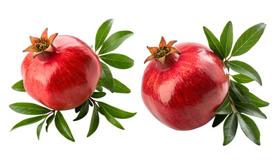 Pomegranate fruits with leaves set, half pomegranates collection isolated