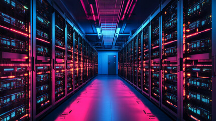 High-tech cryptocurrency server room with vibrant lighting and advanced technology in a modern data center