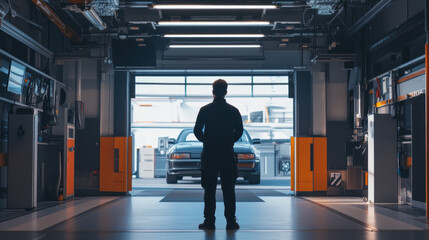 Fototapeta premium High-tech garage features advanced automotive technology and innovation in an urban setting during the day