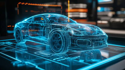 Holographic interface showcasing a detailed 3D model of a futuristic car in a high-tech environment