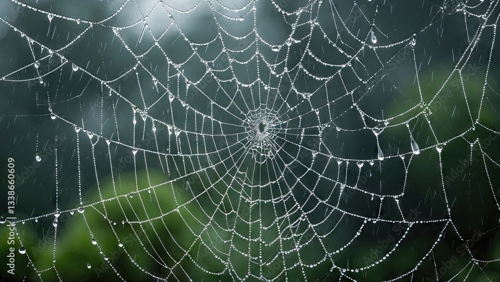 Poster delicate spider web adorned with glistening raindrops against a blurred green background showcasing 