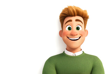 Happy smiling cartoon character young adult man person portrait wearing green sweater in 3d style design on white background. Human people feelings expression concept