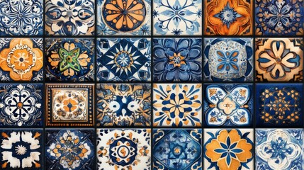 A Collection Of Ornate Blue And Orange Tiles