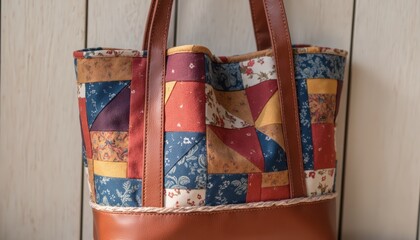 Upcycling Craft for Sustainable Fashion Creations Concept. Colorful Patchwork Tote Bag with Leather Straps on Wooden Background