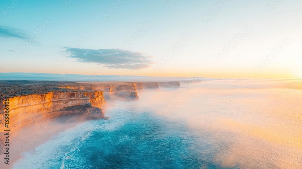 Poster Seaside cliffs landscapes idea. Serene coastal view during sunset with calming waves and soft mist.