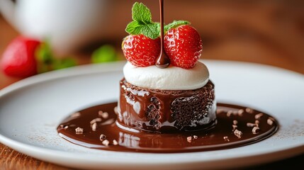 Delicious chocolate cake topped with strawberries and whipped cream on a wooden table with chocolate drizzle
