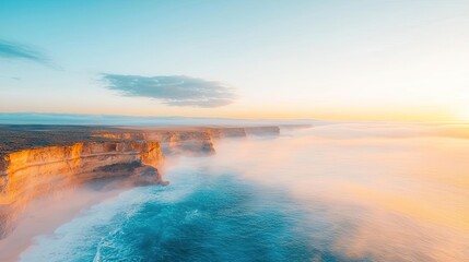 Obraz premium Seaside cliffs landscapes idea. Serene coastal view during sunset with calming waves and soft mist.