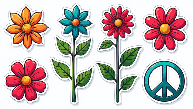 retro themed sticker pack features colorful flowers peace symbols funky psychedelic style