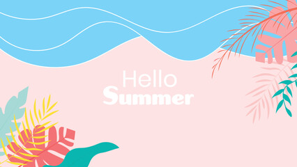Obraz premium vibrant Hello Summer background featuring tropical leaves, ocean waves, and pastel colors. Perfect for seasonal designs, banners, and social media posts.