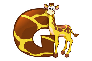 Isolated Animal Alphabet Letter G-Giraffe. Cartoon animal Giraffe in vector. Card for education. Flashcard