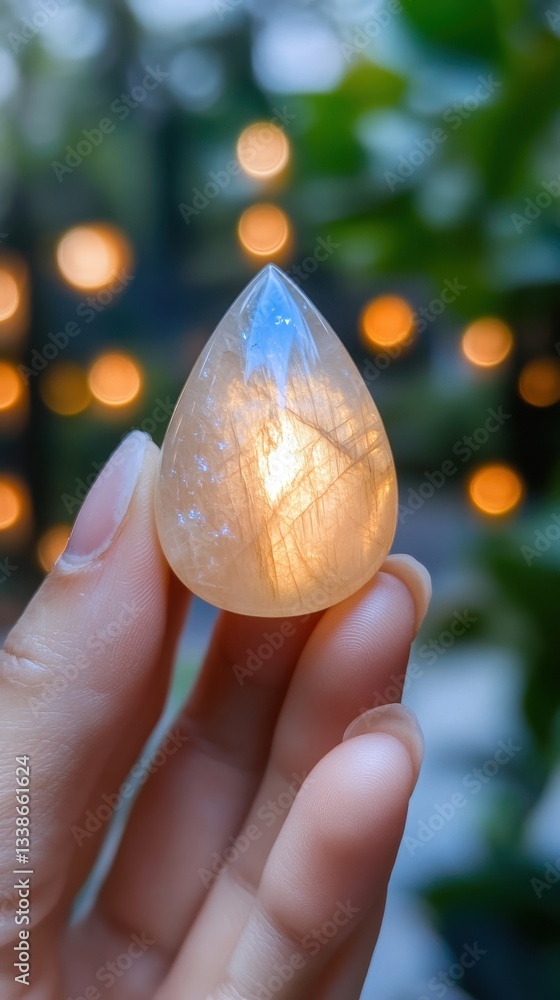 Aufkleber captivating moonstone teardrop held gently in hand against a soft bokeh background radiating warmth 