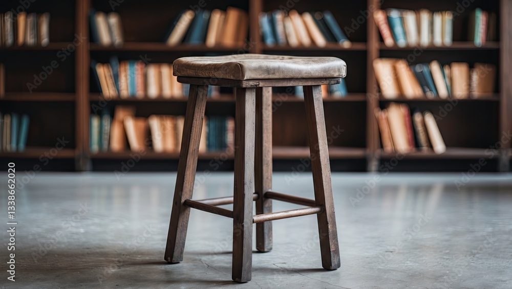 Poster vacant wooden stool in foreground with a blurred bookshelf filled with colorful books in the backgro