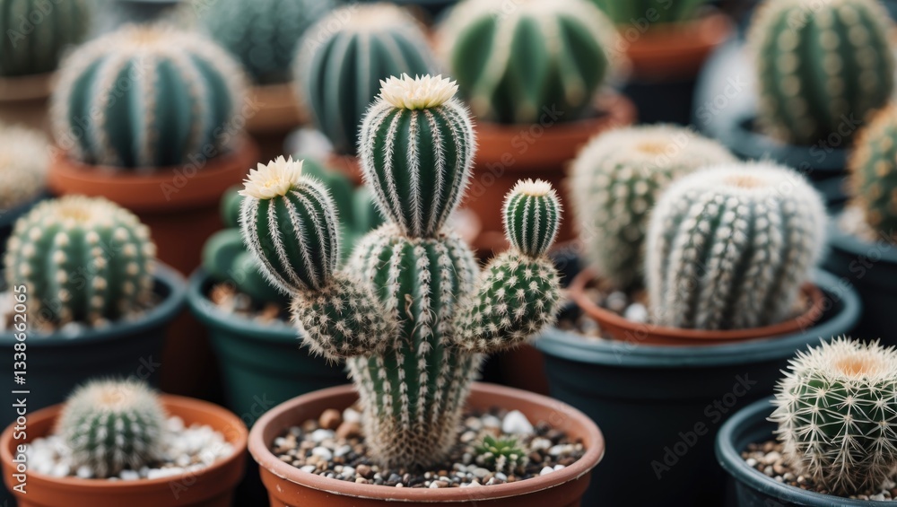 Poster green cacti of various shapes and sizes in brown pots filled with soil arranged closely together sho