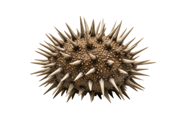 Detailed view of a round object covered in small bumps and sharp spikes, highlighting its texture. Isolated, transparent background, png.