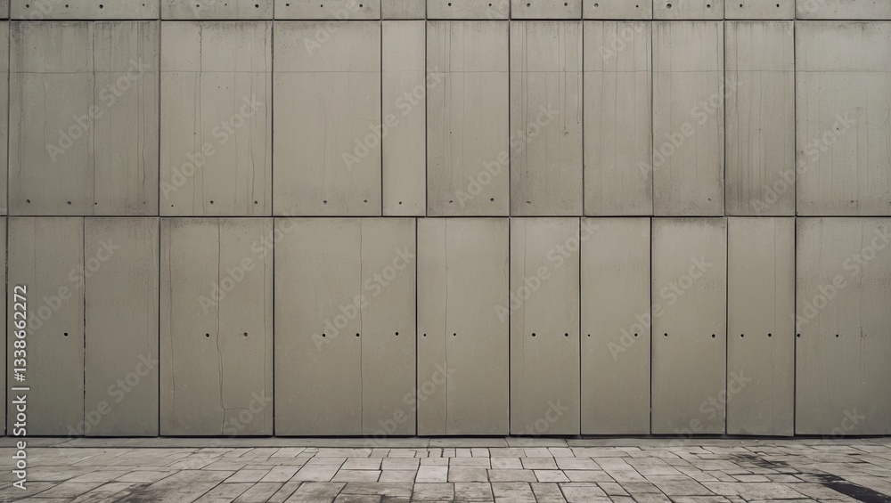 Aufkleber gray concrete wall with a textured surface, displaying uniform rectangular panels, set against a lig