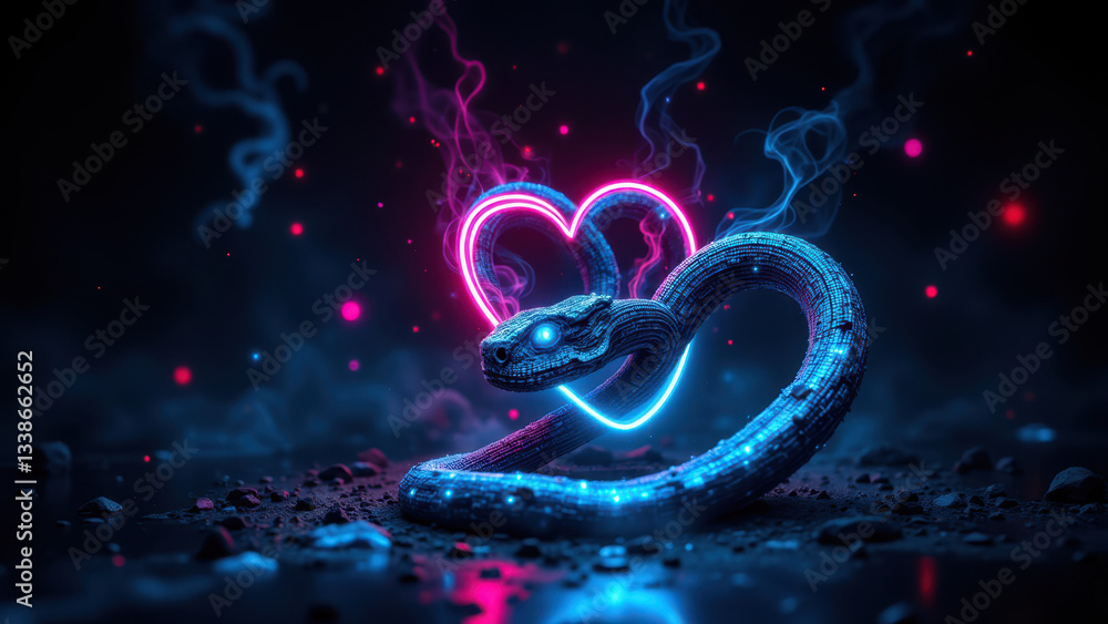 Aufkleber a digital artwork featuring a neon heart silhouette set against a dark, cybernetic background with f