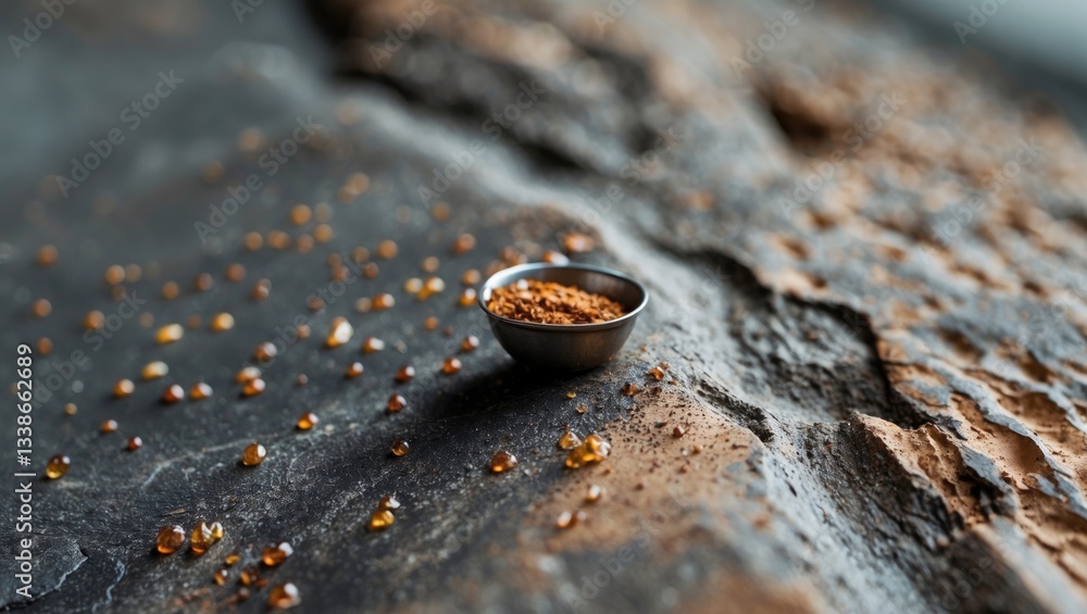 Poster rustic surface texture featuring a dark stone background with scattered spices and a small metal bow
