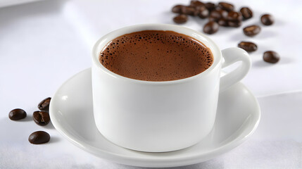 Fototapeta premium Steaming Hot Chocolate in White Cup on Marble Table – Cozy Beverage Delight