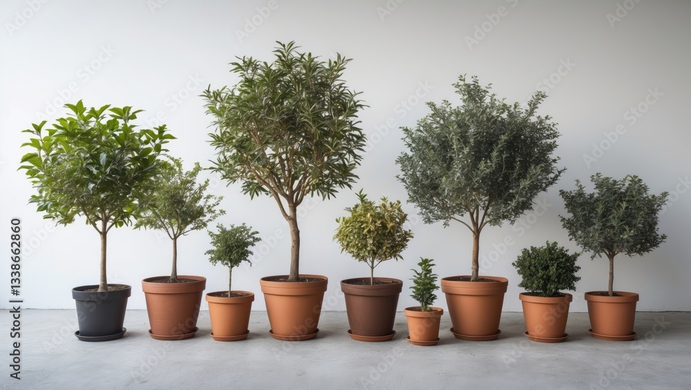 Poster potted trees in various sizes from tall to small arranged in a row against a neutral white backgroun