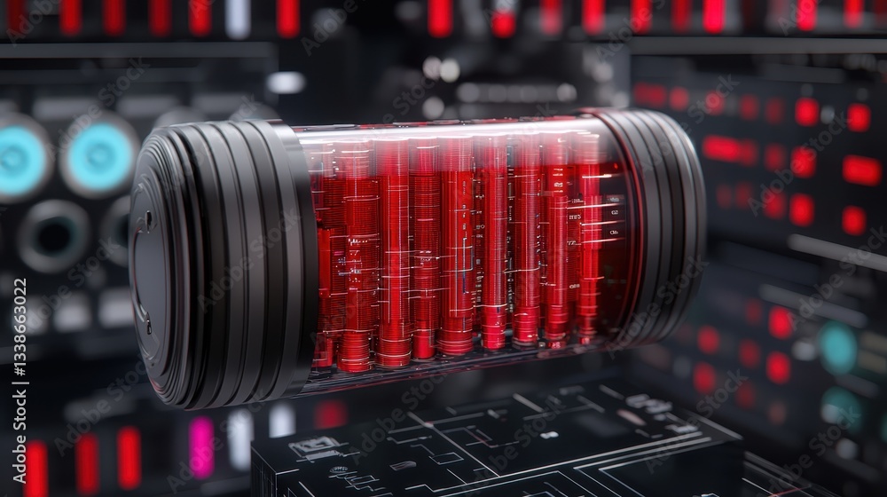 Poster futuristic energy storage device with red led displays and digital circuitry background in high-tech