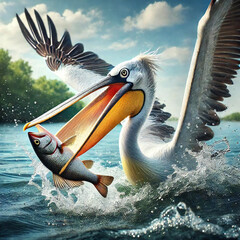魚を襲うペリカン[GenerativeAI]