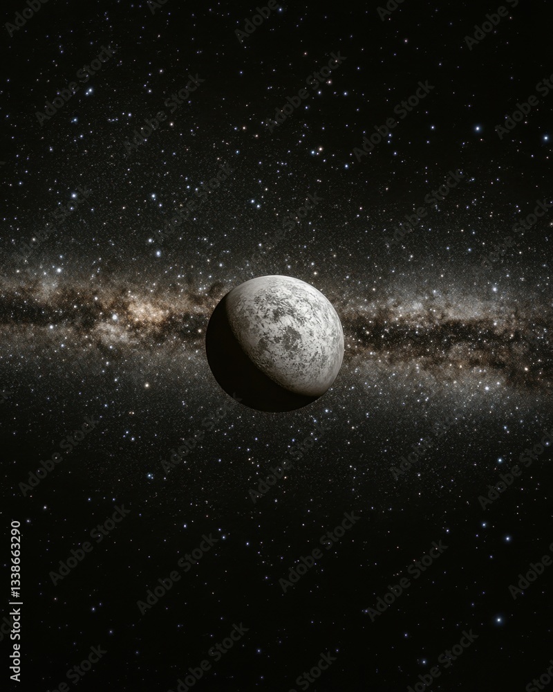 Poster celestial sphere with distant planet in the vast expanse of space cosmic background with scattered s