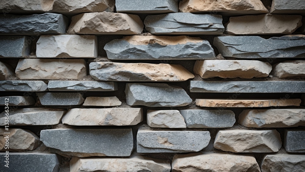 Poster layered stone wall texture with various gray and beige stone slabs in horizontal alignment, subtle c
