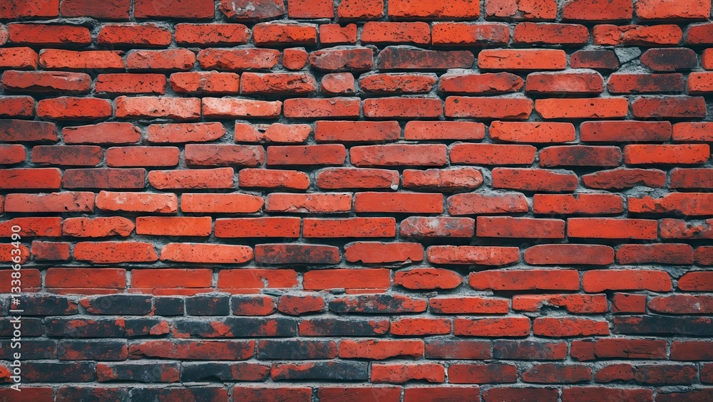 Poster detailed texture of a weathered red brick wall with a mix of vibrant red and dark brown bricks orien