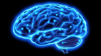 3D rendered human brain, glowing blue, highlighting neural pathways