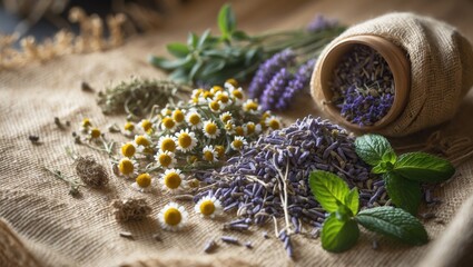 Assorted medicinal herbs including lavender mint and chamomile scattered artistically on a hessian background with space for text or design.