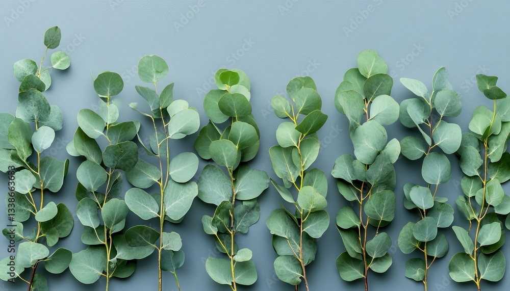 Poster eucalyptus branches arranged on gray background with copy space for design or branding