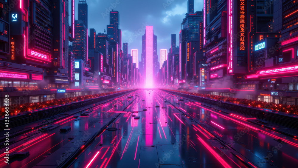 Poster a cyberpunk cityscape featuring neon lights, futuristic buildings, and a networked kubernetes enviro