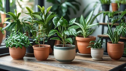 Obraz premium Indoor home garden display featuring various potted plants in ceramic and terracotta pots on a wooden table with green foliage in the background.