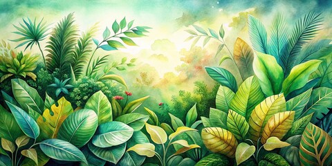 Fototapeta premium Watercolor Leaf Landscape: Biophilic Art Print, Nature Inspired Botanical Design