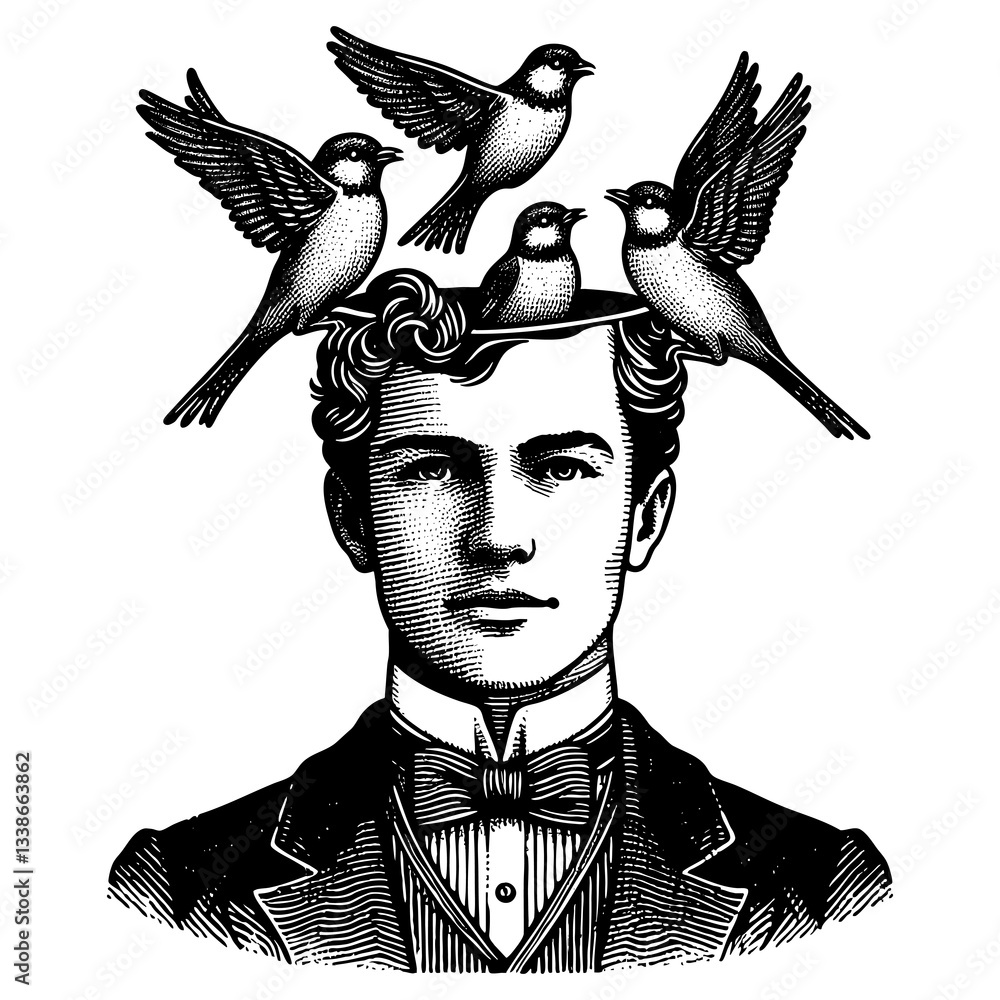 Poster man in formal attire with an open head, from which birds are flying, symbolizing creativity and imag