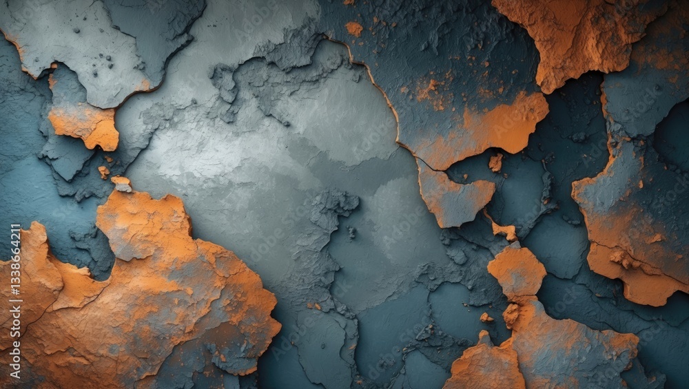 Aufkleber textured abstract backdrop featuring a blend of deep blue and rusty orange hues with cracked wall su