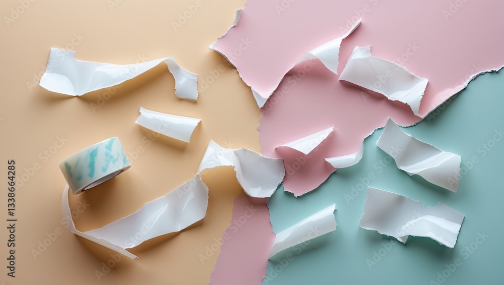 Poster torn adhesive tape on pink and blue pastel background with scattered pieces and roll positioned at t