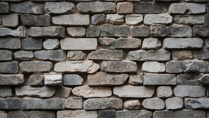 Obraz premium Textured arrangement of gray and beige stone bricks in a horizontal pattern creating a rustic background with variations in tone and surface.