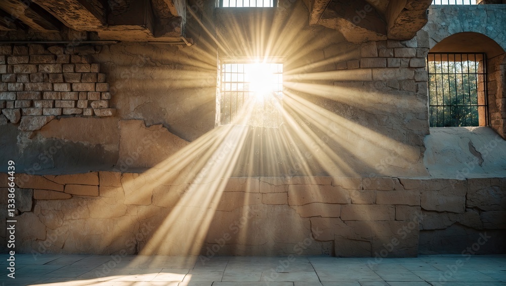 Poster sunlight beams illuminating a textured stone wall through a window with shadows casting intricate pa