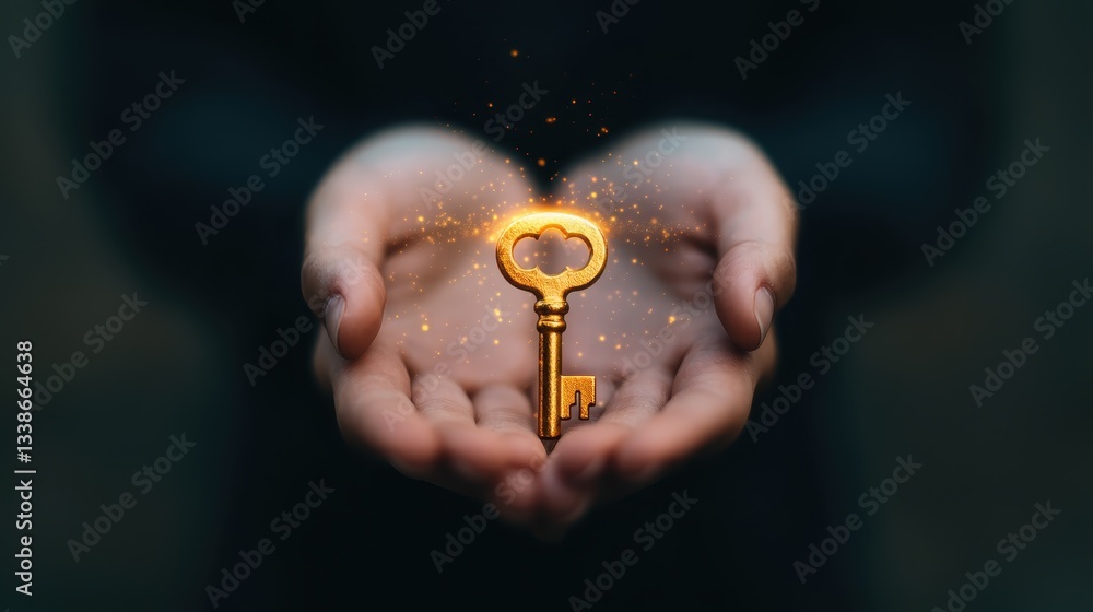 Poster hands holding a golden key surrounded by sparkling light on a dark background symbolizing unlocking 